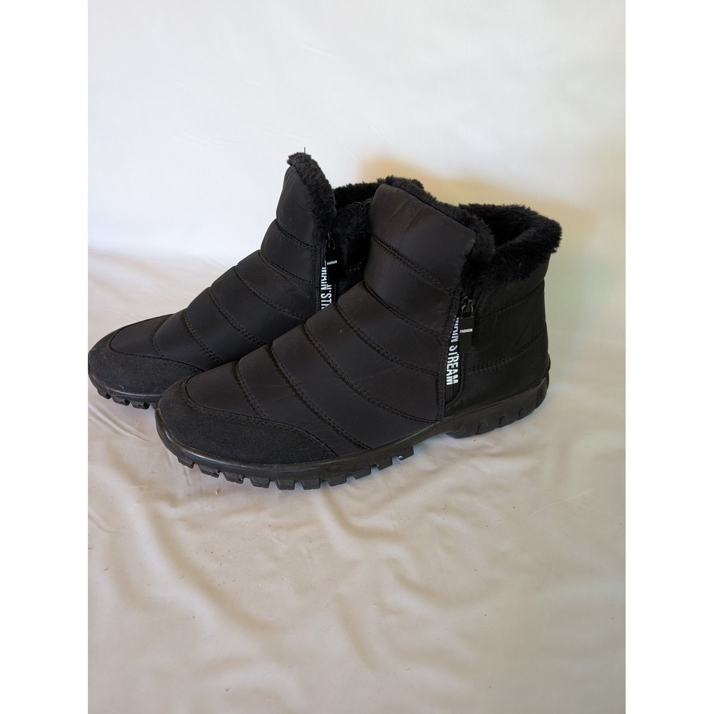 Mainstream Mens Black Puffer Winter Boots Faux Fur Lined Ankle Booties Size 12.5